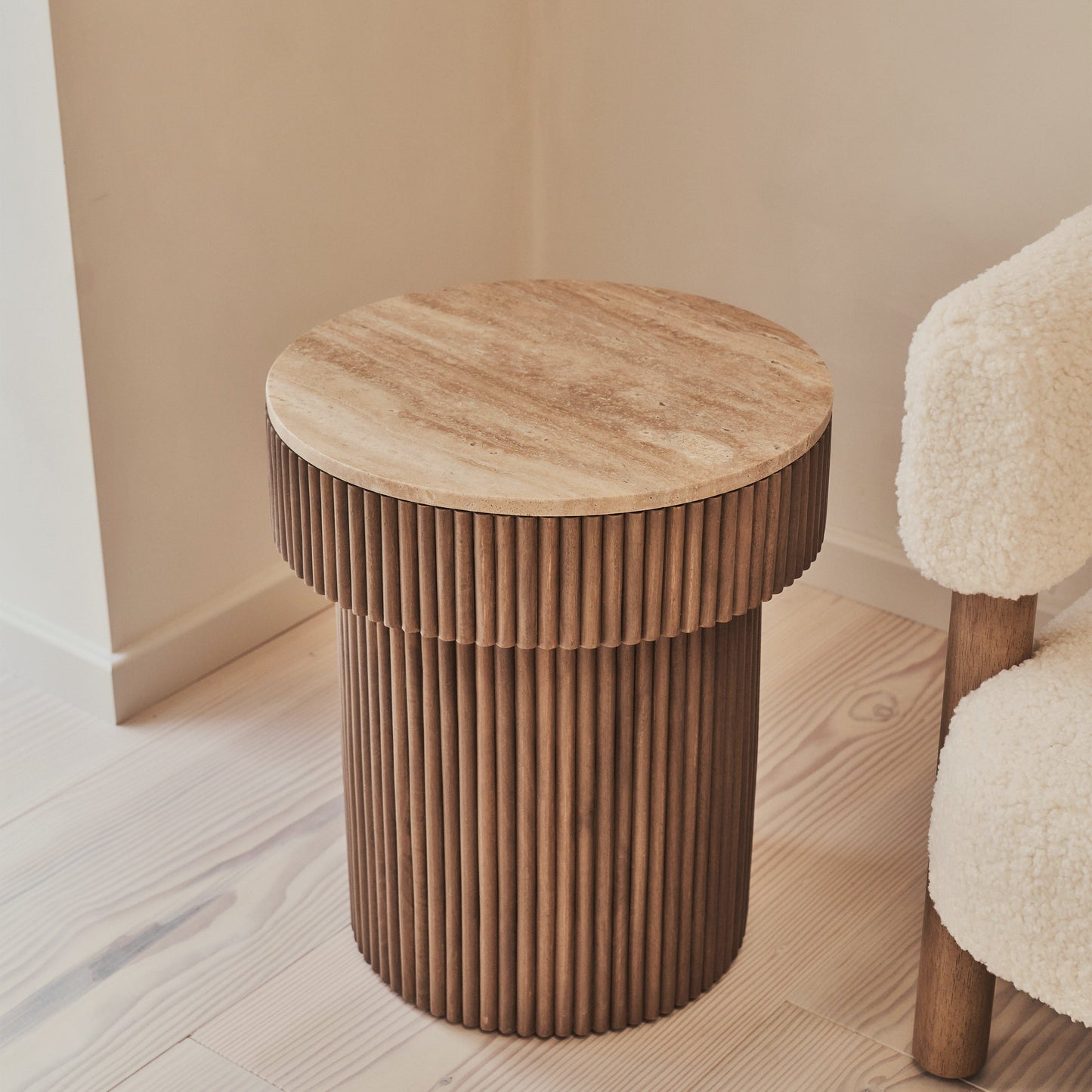 Sloane - Beige Travertine Round Warm Wood Premium Side Table