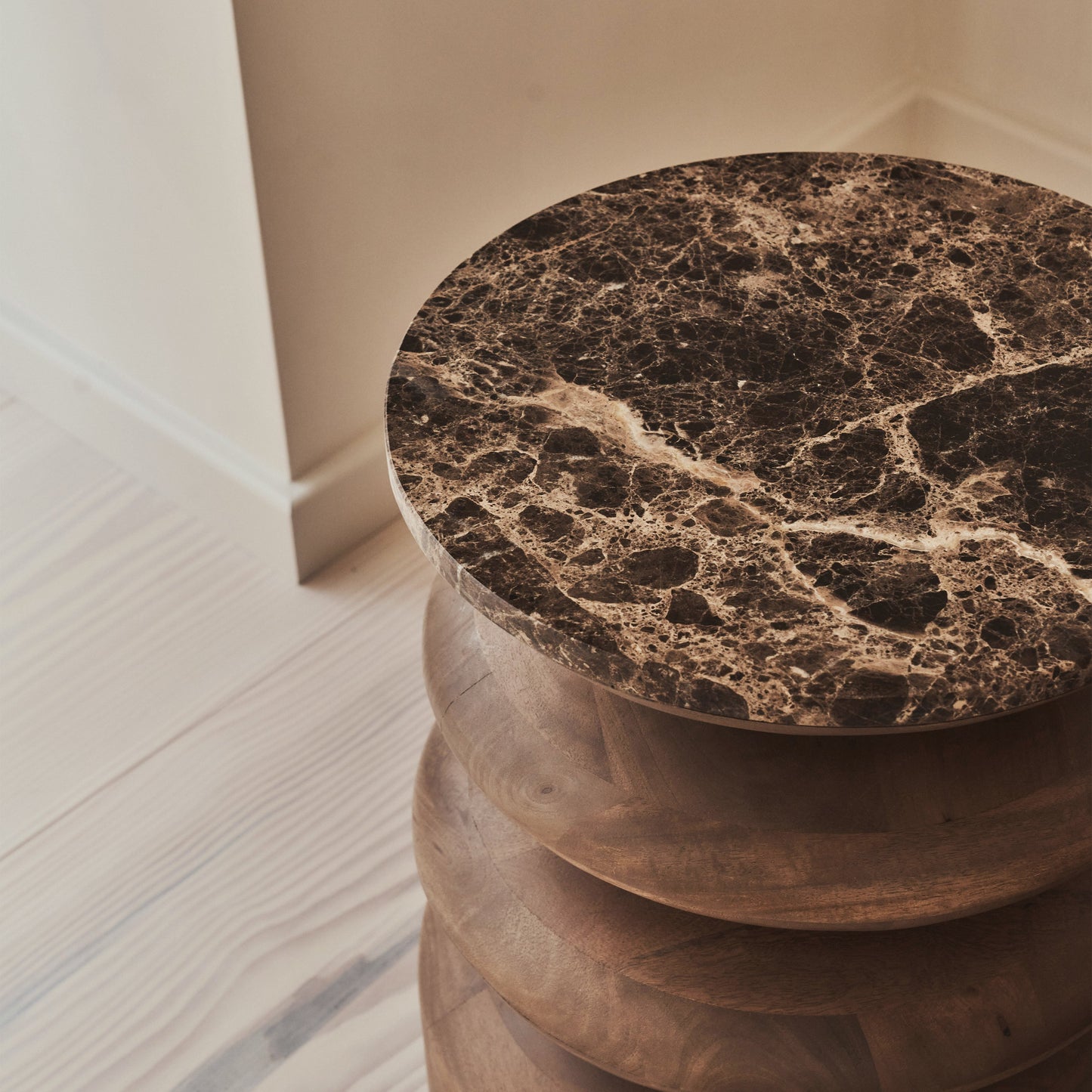 Orinthia - Dark Emperador Marble Round Dark Wood Premium Side Table