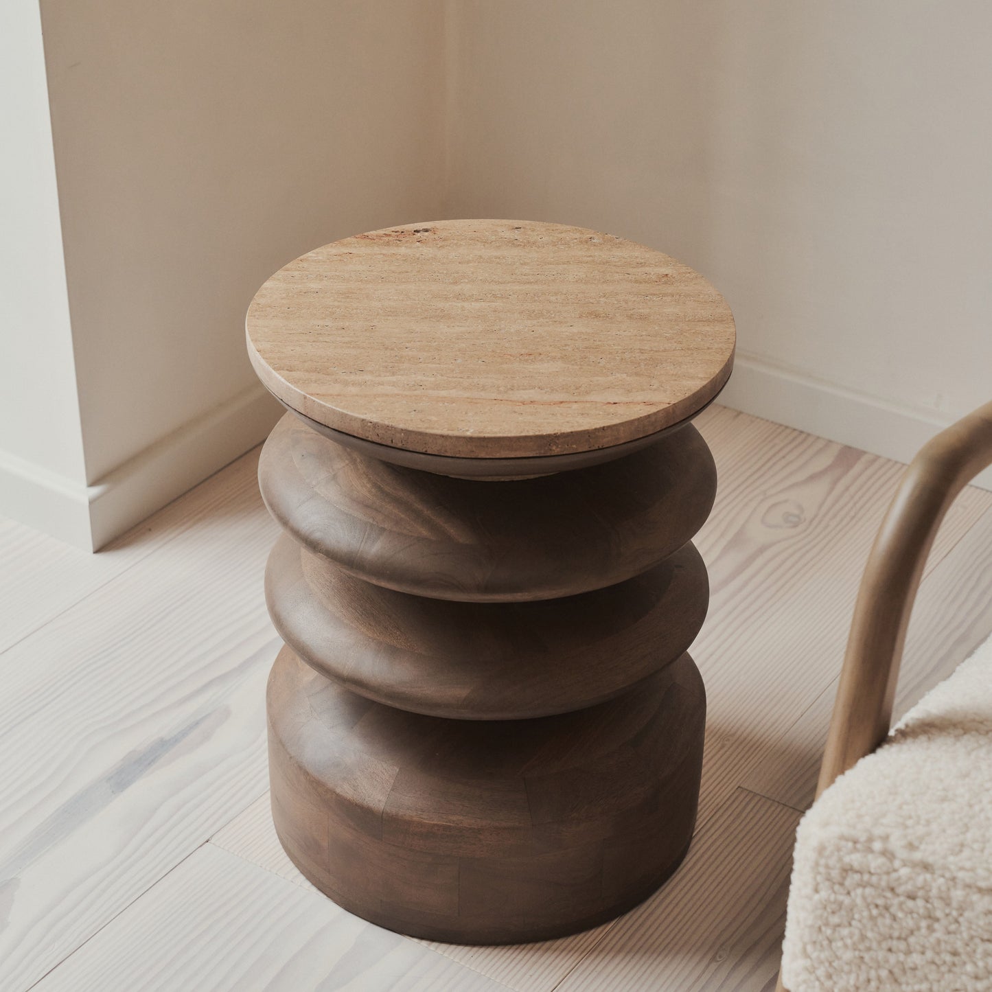 Orinthia - Beige Travertine Round Warm Wood Premium Side Table