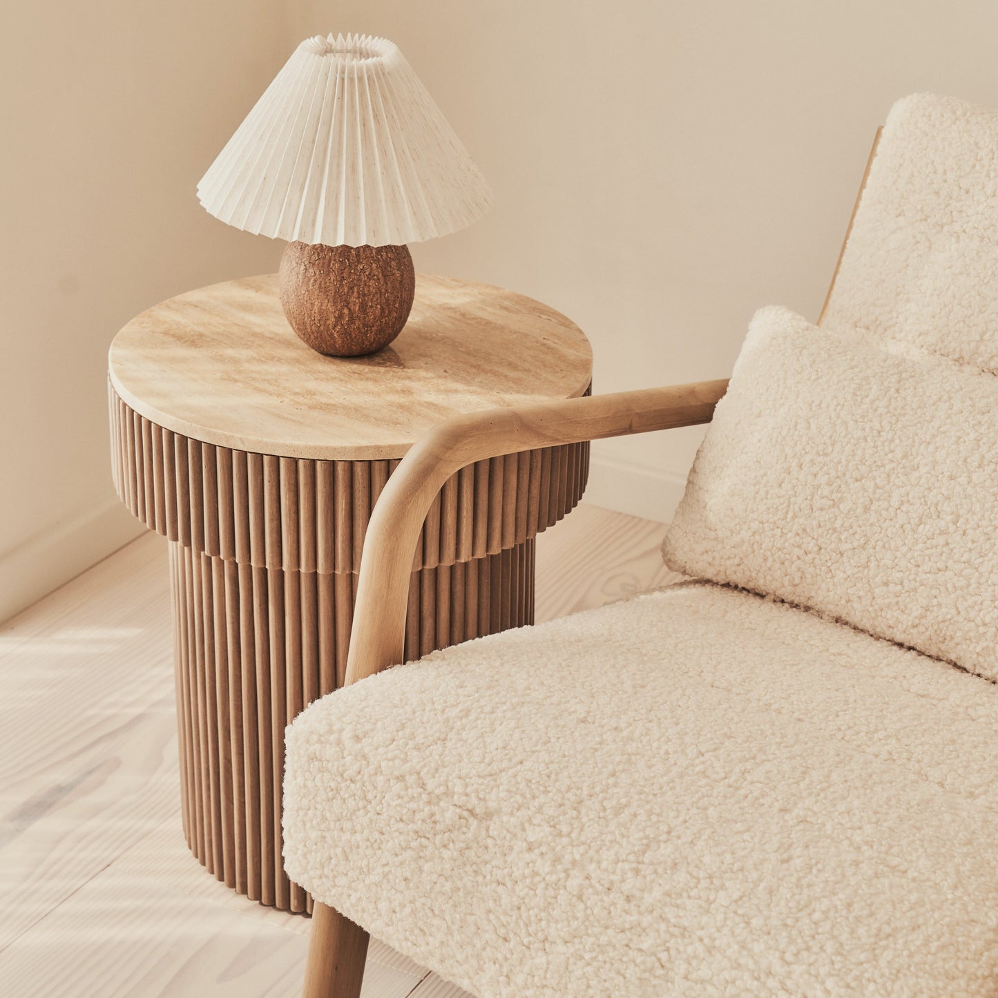 Hudson - Boucle Accent Chair Ivory & Warm Wood