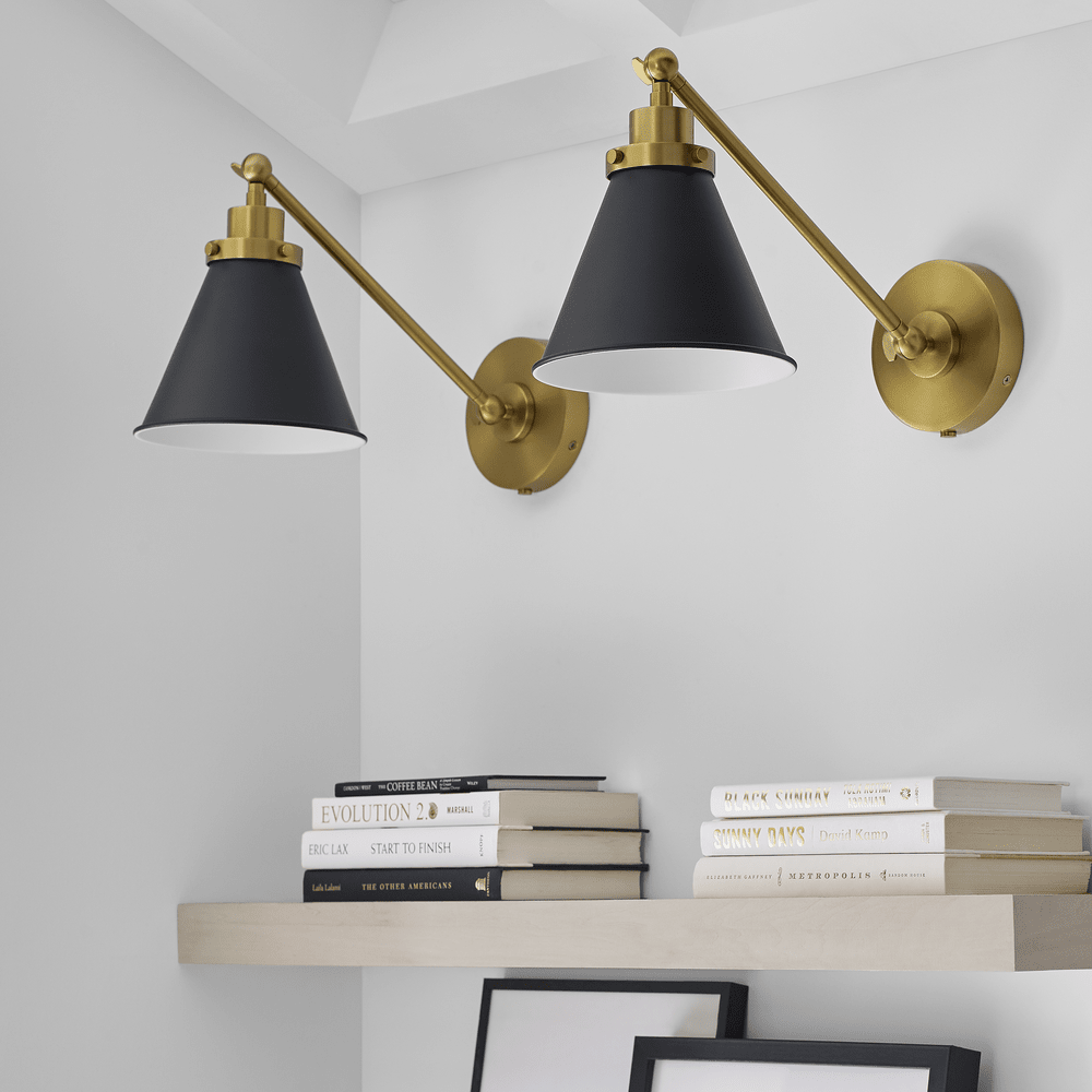 Wellfleet Single Arm Cone Task Sconce - Midnight Black & Burnished Brass with Matte Black