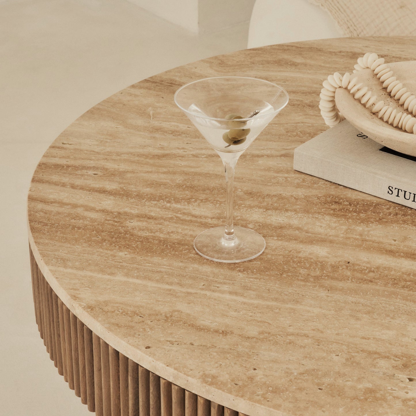 Sloane - Beige Travertine Round Warm Wood Premium Coffee Table