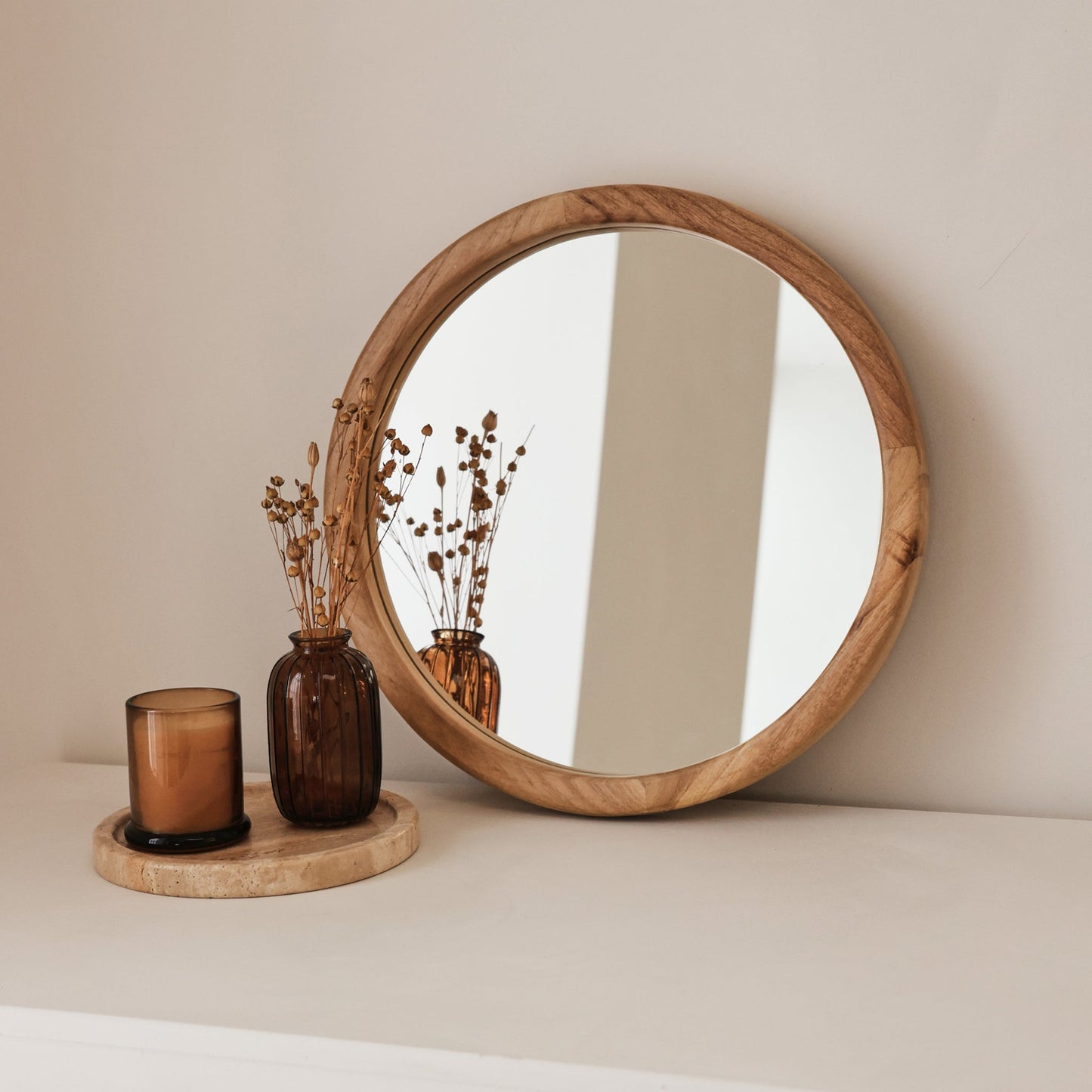 Arden - Light Wood Round Wooden Wall Mirror 40cm x 40cm