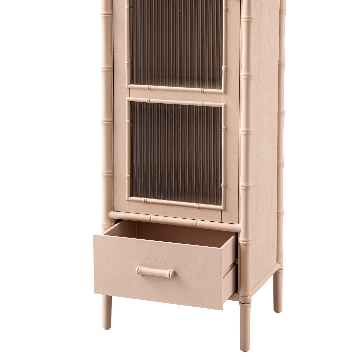 Elstowe Faux Bamboo and Fluted Glass 1-Door Cabinet, Nude Pink