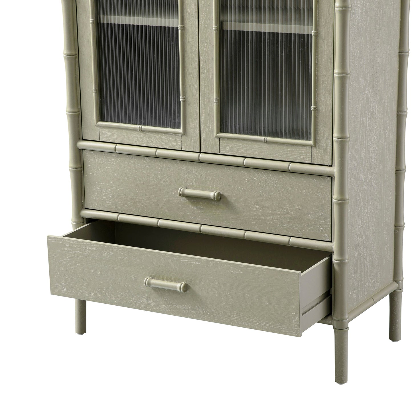 Elstowe Faux Bamboo and Fluted Glass 2-Door Cabinet, Sage Green