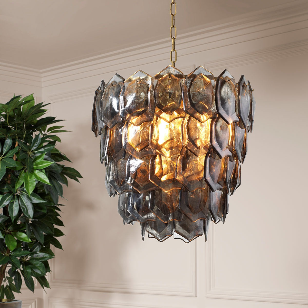 Elias Chandelier - Vintage Brass & Smoke Glass