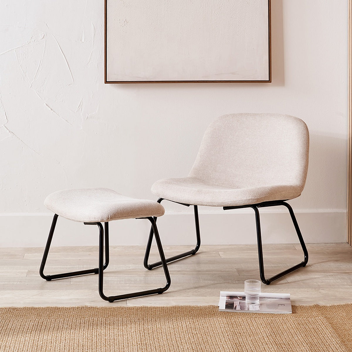 Chora Lounge Chair & Footstool - Natural Chenille & Black Metal