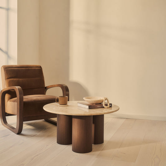 Trivium - Beige Travertine Round Dark Wood Premium Coffee Table