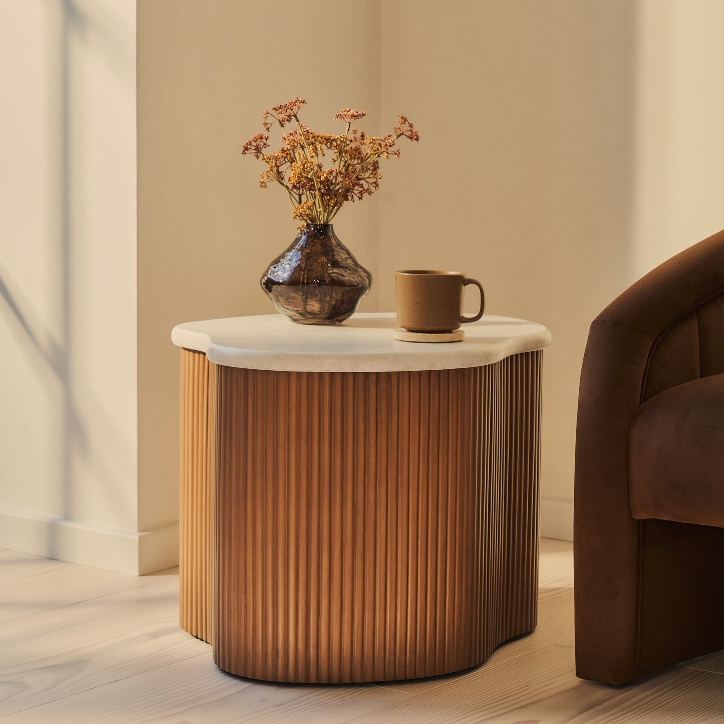 Cove - Warm Wood Ribbed Irregular Side Table