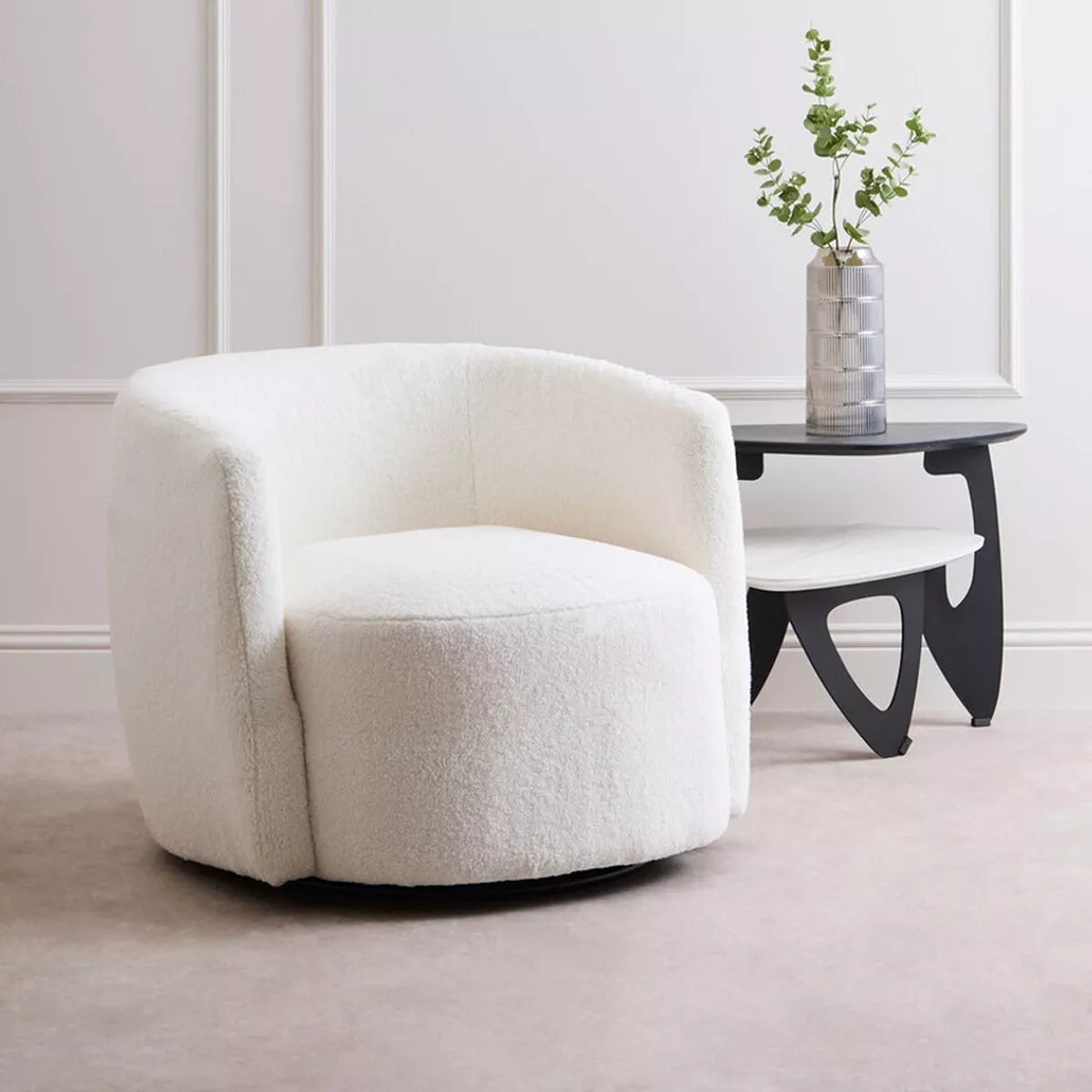 Montreal Boucle Effect Swivel Base Curved Lounge Chair - Ivory