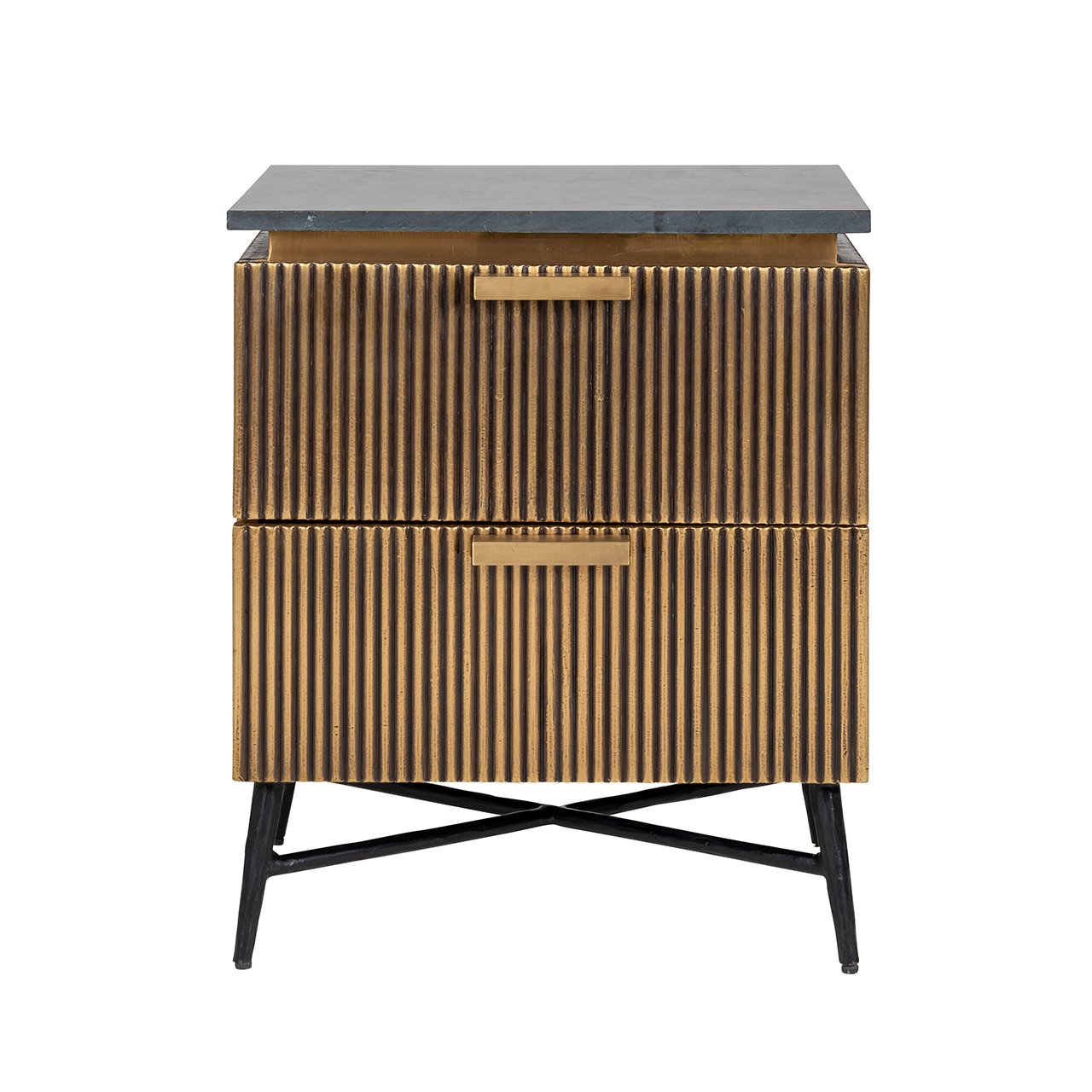 Ironville 2 Drawers Marble Top Bedside Table - Brass