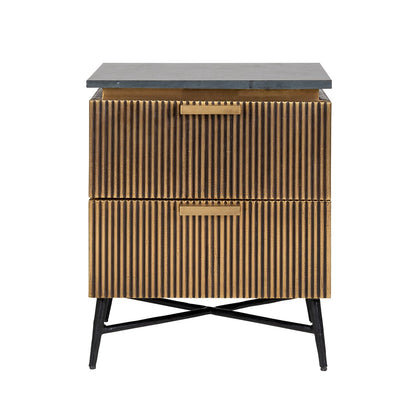 Ironville 2 Drawers Marble Top Bedside Table - Brass