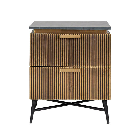 Ironville 2 Drawers Marble Top Bedside Table - Brass