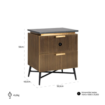 Ironville 2 Drawers Marble Top Bedside Table - Brass