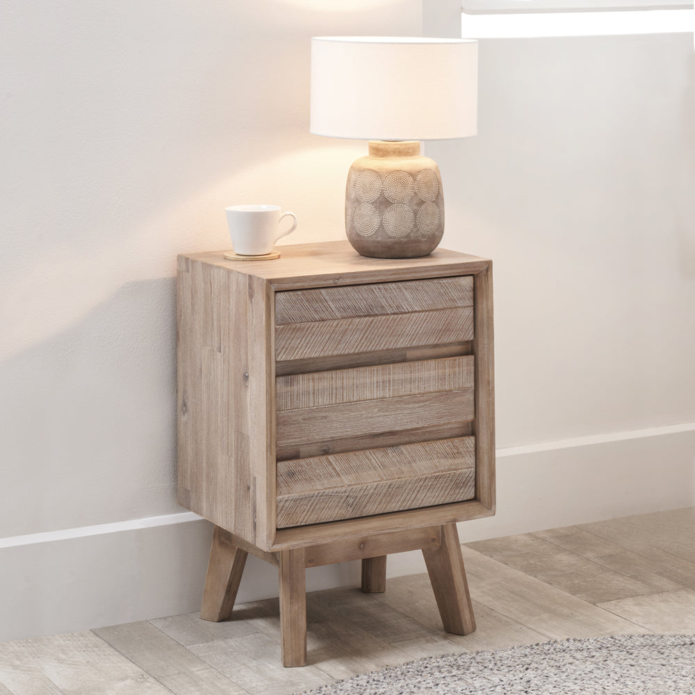 Melville Acacia Wood 3 Drawer Bedside Unit - Sand Wash
