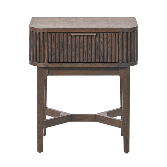 Raye Bedside Table - Dark Brown Ribbed Oak & Pine Wood