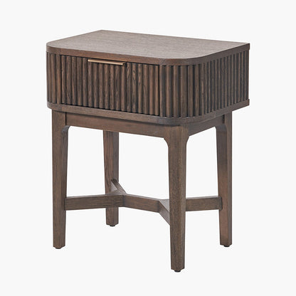 Raye Bedside Table - Dark Brown Ribbed Oak & Pine Wood