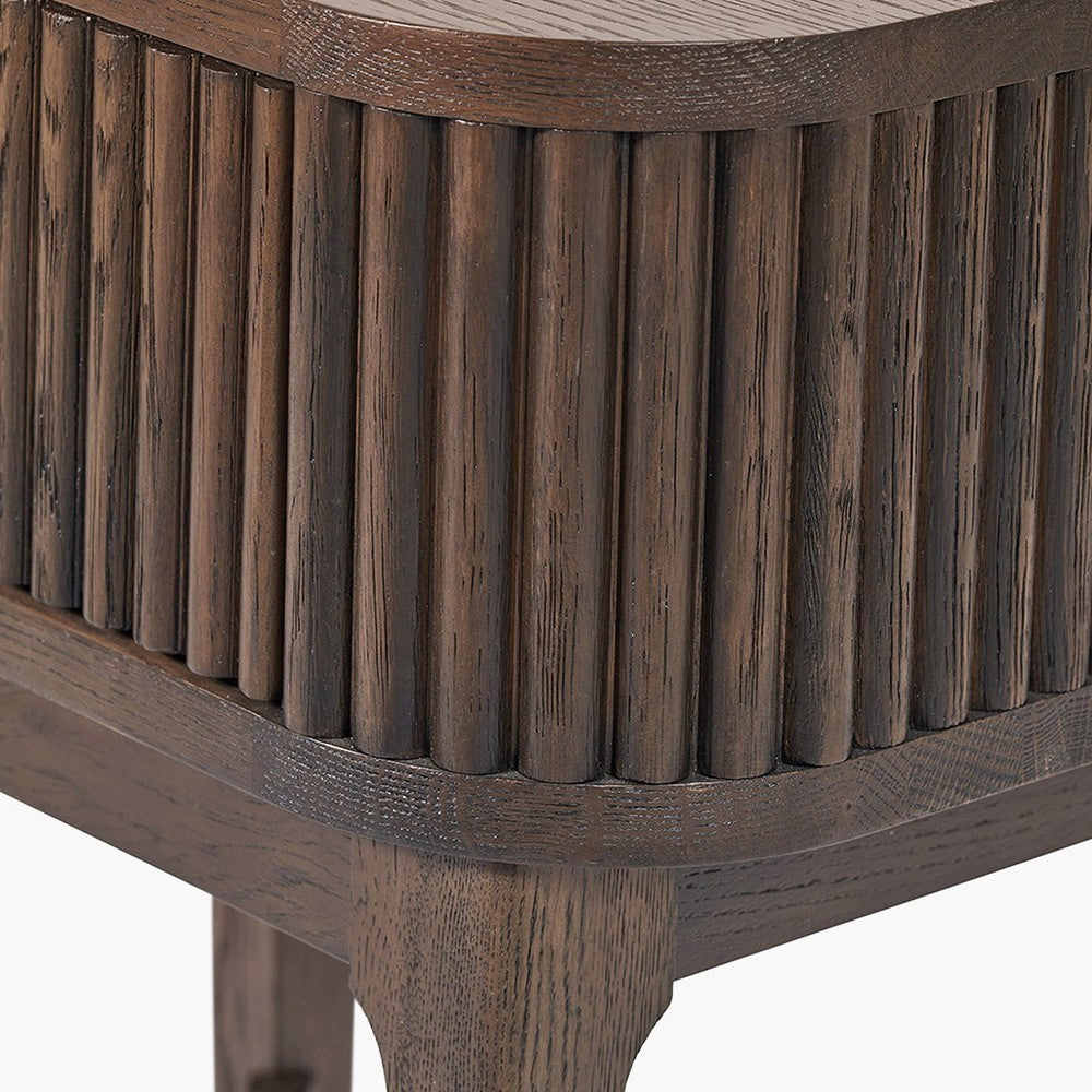 Raye Bedside Table - Dark Brown Ribbed Oak & Pine Wood