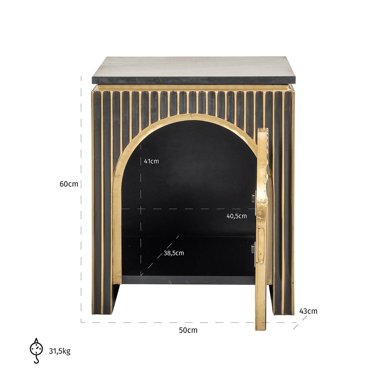 Les Arcs 1 Door Marble Top Bedside Table - Brushed Gold