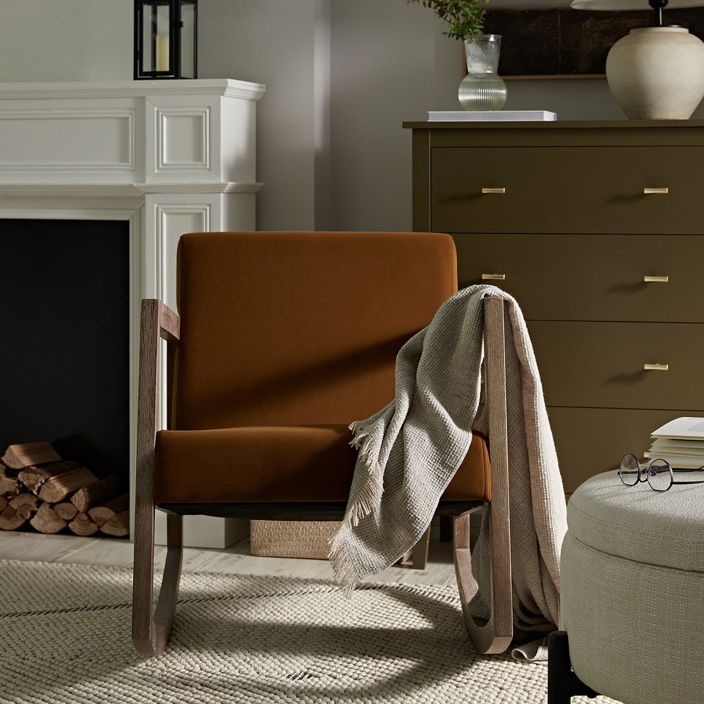 Fyne Cinnamon Velvet Rocking Weathered Oak Armchair