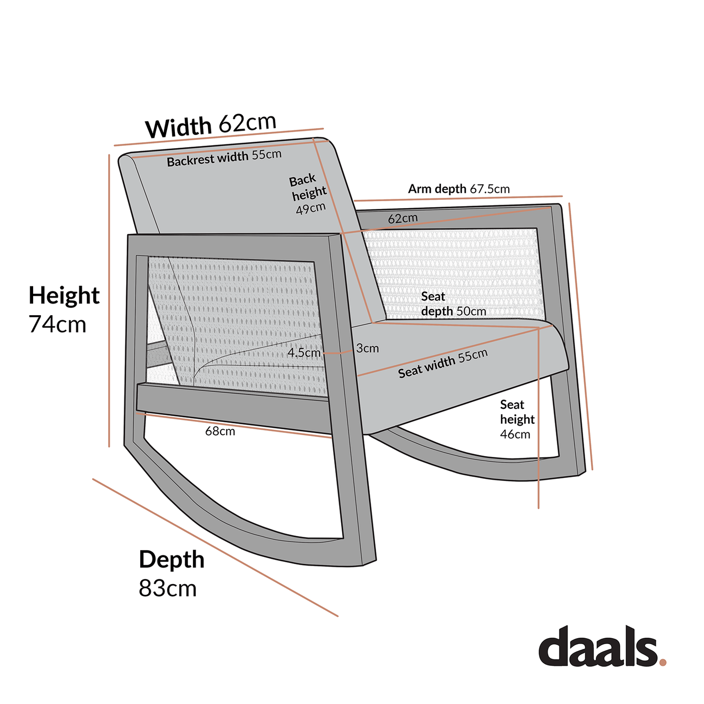 Fyne Tan Faux Leather Rocking Light Walnut Armchair with Rattan Armrests