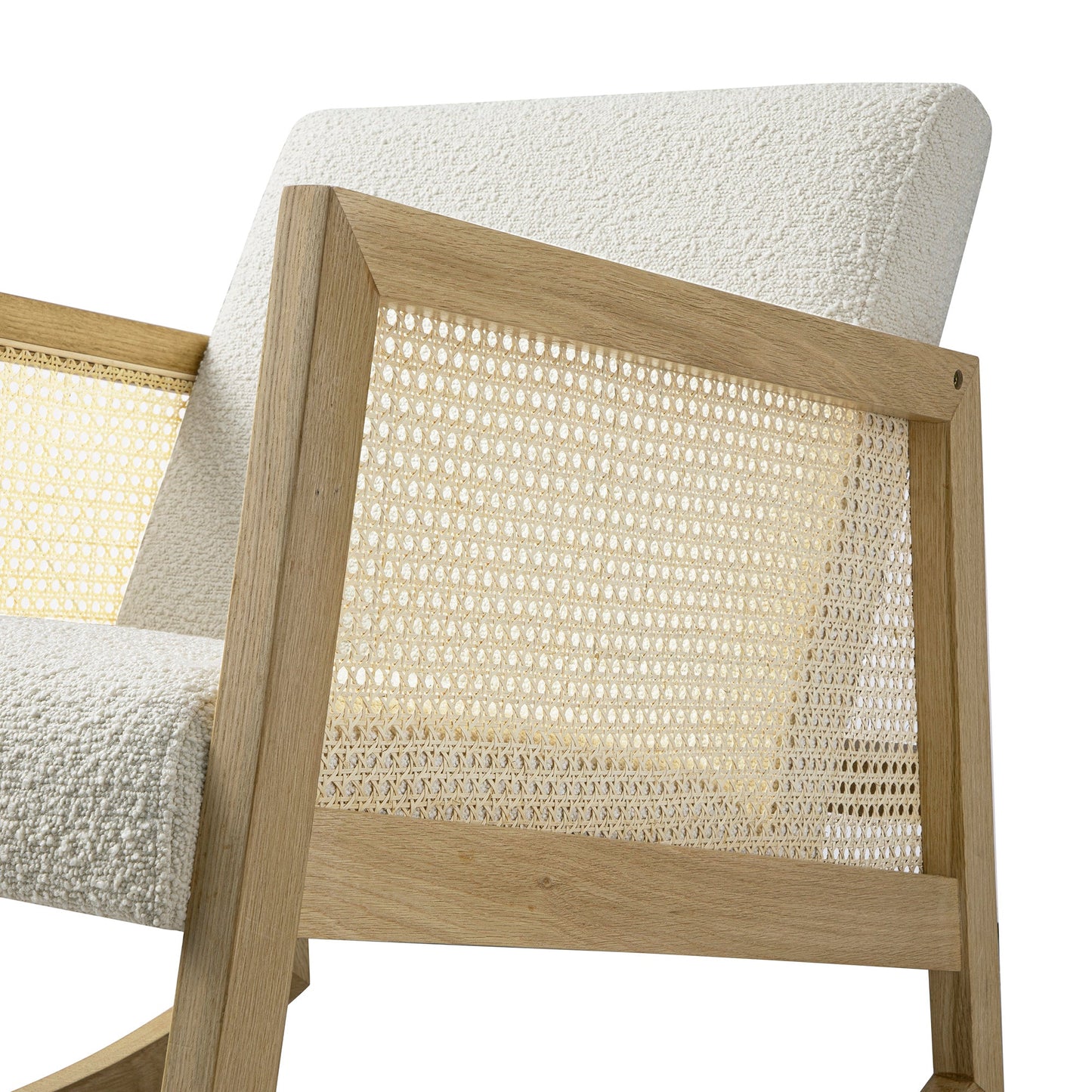 Fyne Ecru Boucle Rocking Natural Oak Armchair with Rattan Armrests