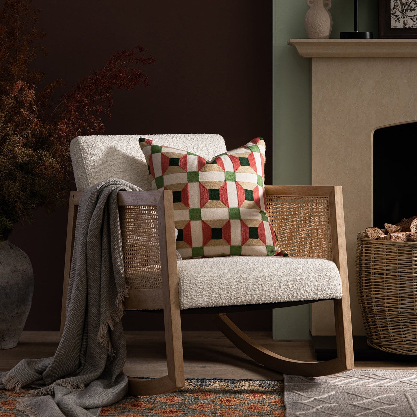 Fyne Ecru Boucle Rocking Natural Oak Armchair with Rattan Armrests