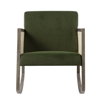 Fyne Moss Green Velvet Rocking Weathered Oak Armchair with Rattan Armrests