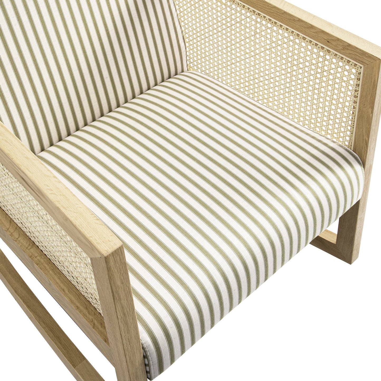 Fyne Sage Striped Linen Blend Natural Oak Armchair with Rattan Armrests