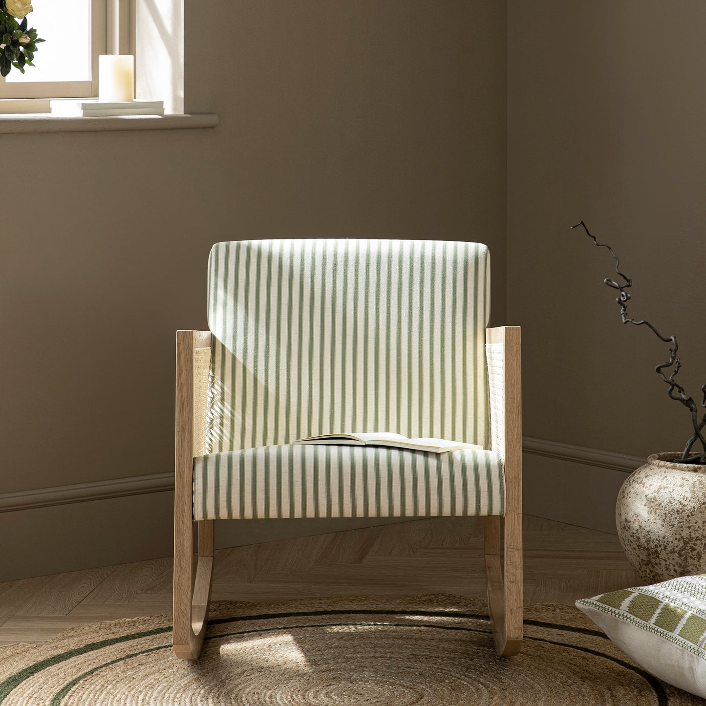 Fyne Sage Striped Linen Blend Natural Oak Armchair with Rattan Armrests
