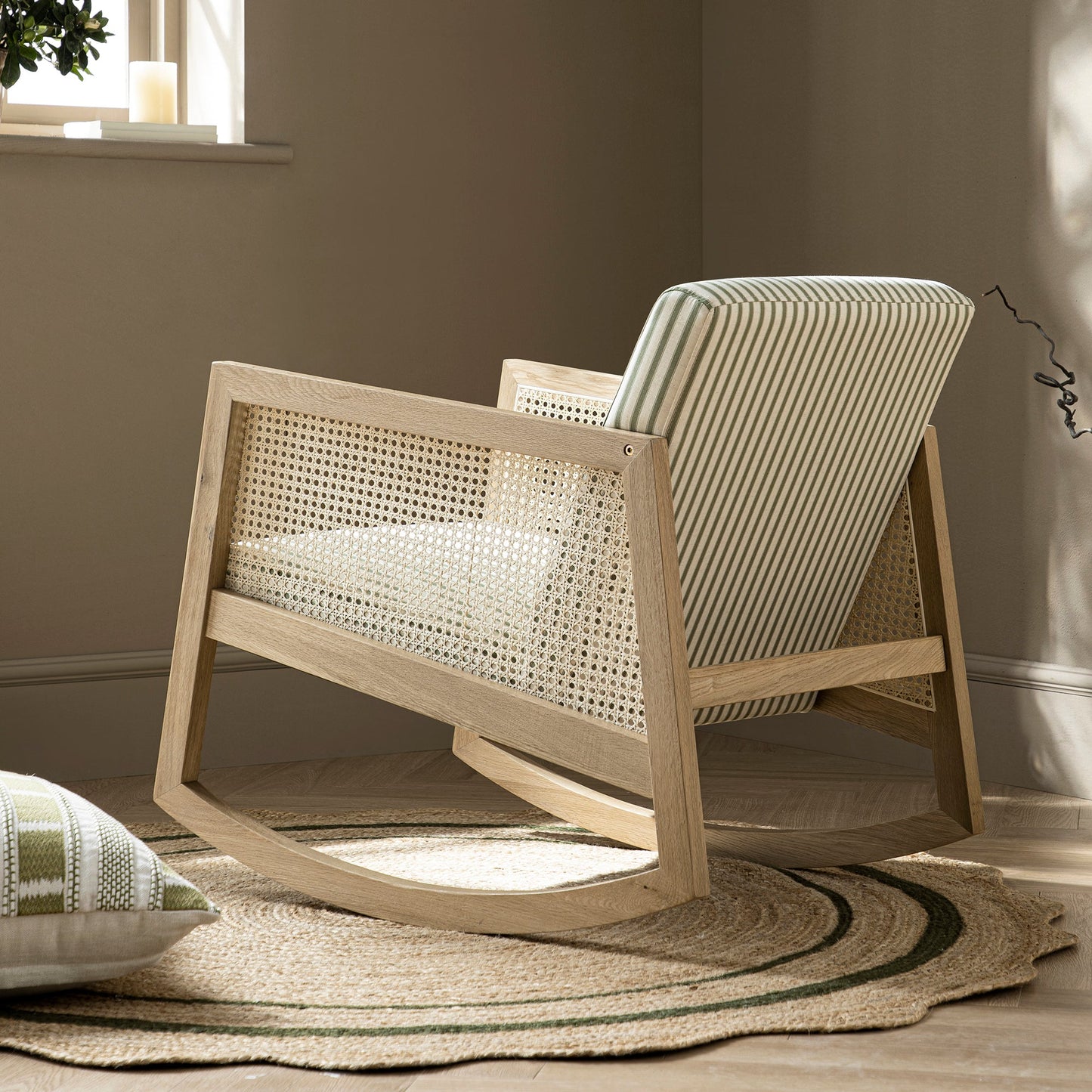 Fyne Sage Striped Linen Blend Natural Oak Armchair with Rattan Armrests