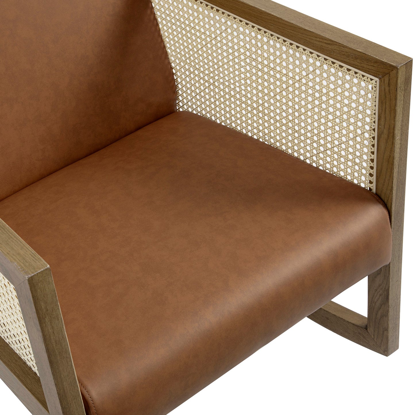 Fyne Tan Faux Leather Rocking Light Walnut Armchair with Rattan Armrests
