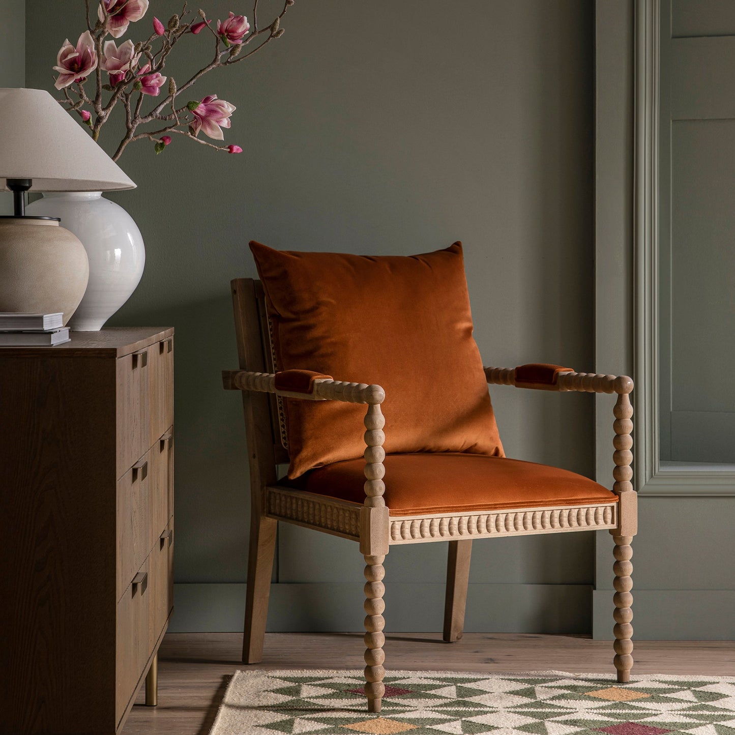 Hemingford Rust Velvet Bobbin Washed Oak Armchair