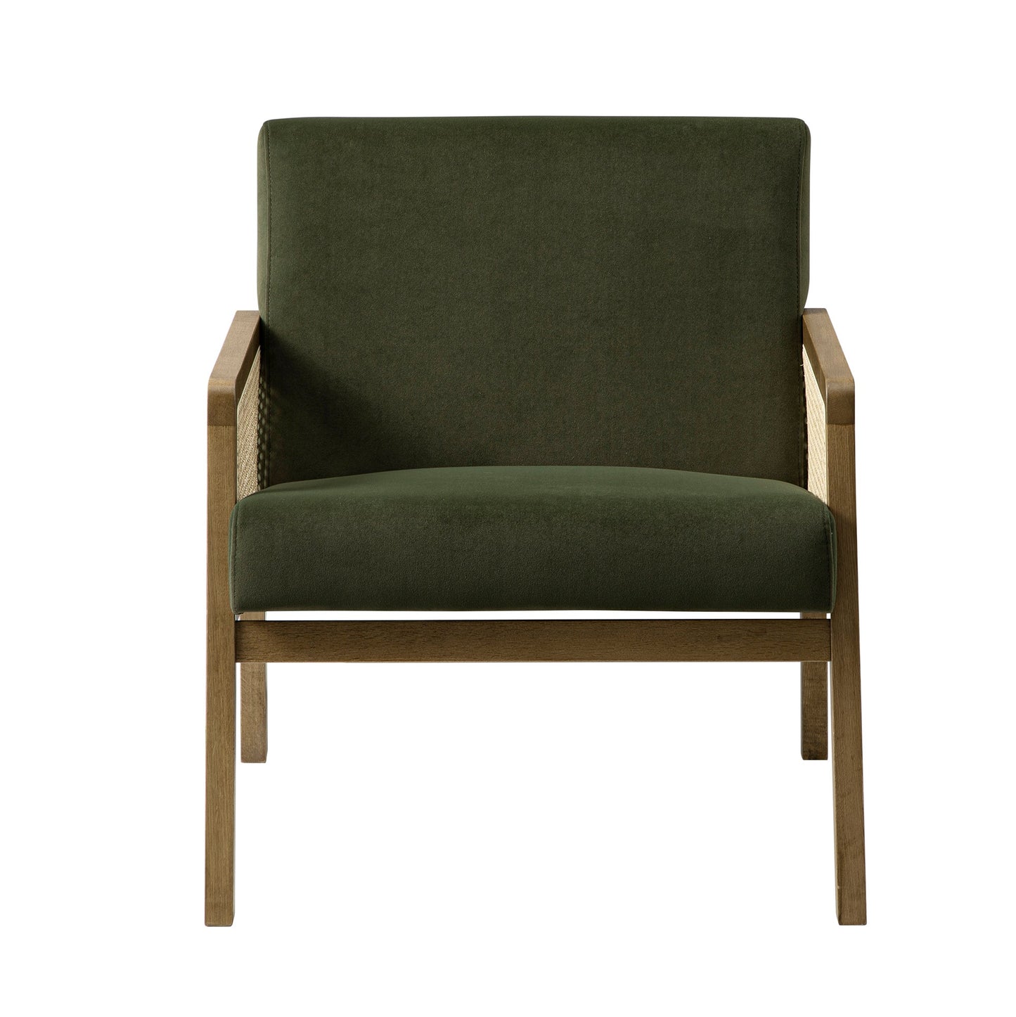 Fyne Moss Green Velvet Light Walnut Frame Rattan Armchair