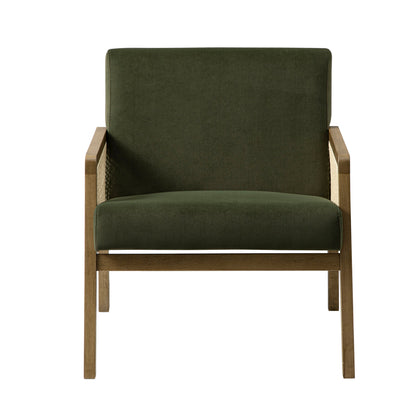 Fyne Moss Green Velvet Light Walnut Frame Rattan Armchair