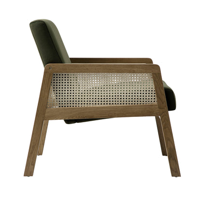 Fyne Moss Green Velvet Light Walnut Frame Rattan Armchair