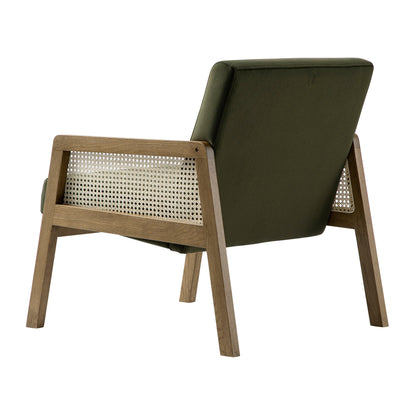 Fyne Moss Green Velvet Light Walnut Frame Rattan Armchair