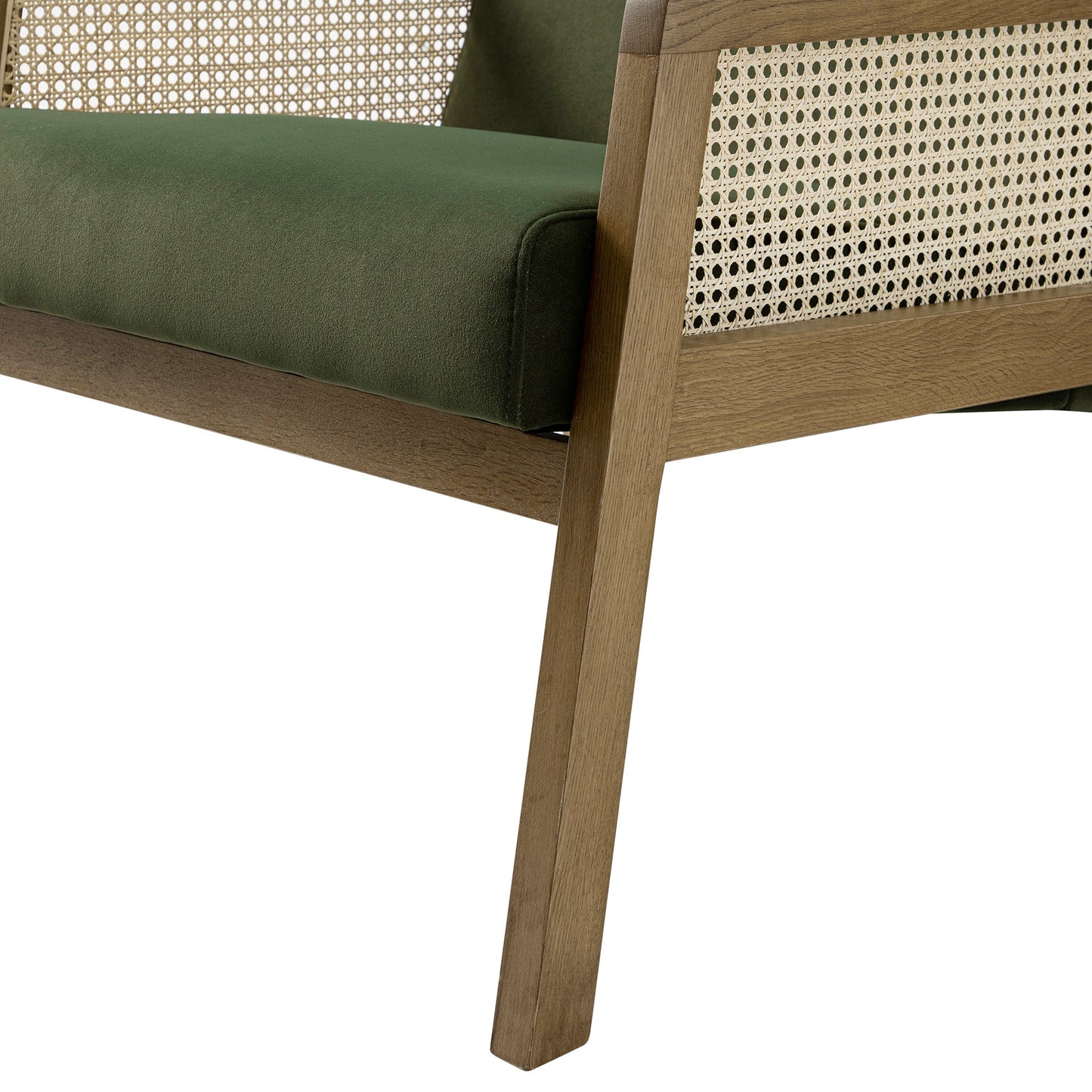 Fyne Moss Green Velvet Light Walnut Frame Rattan Armchair