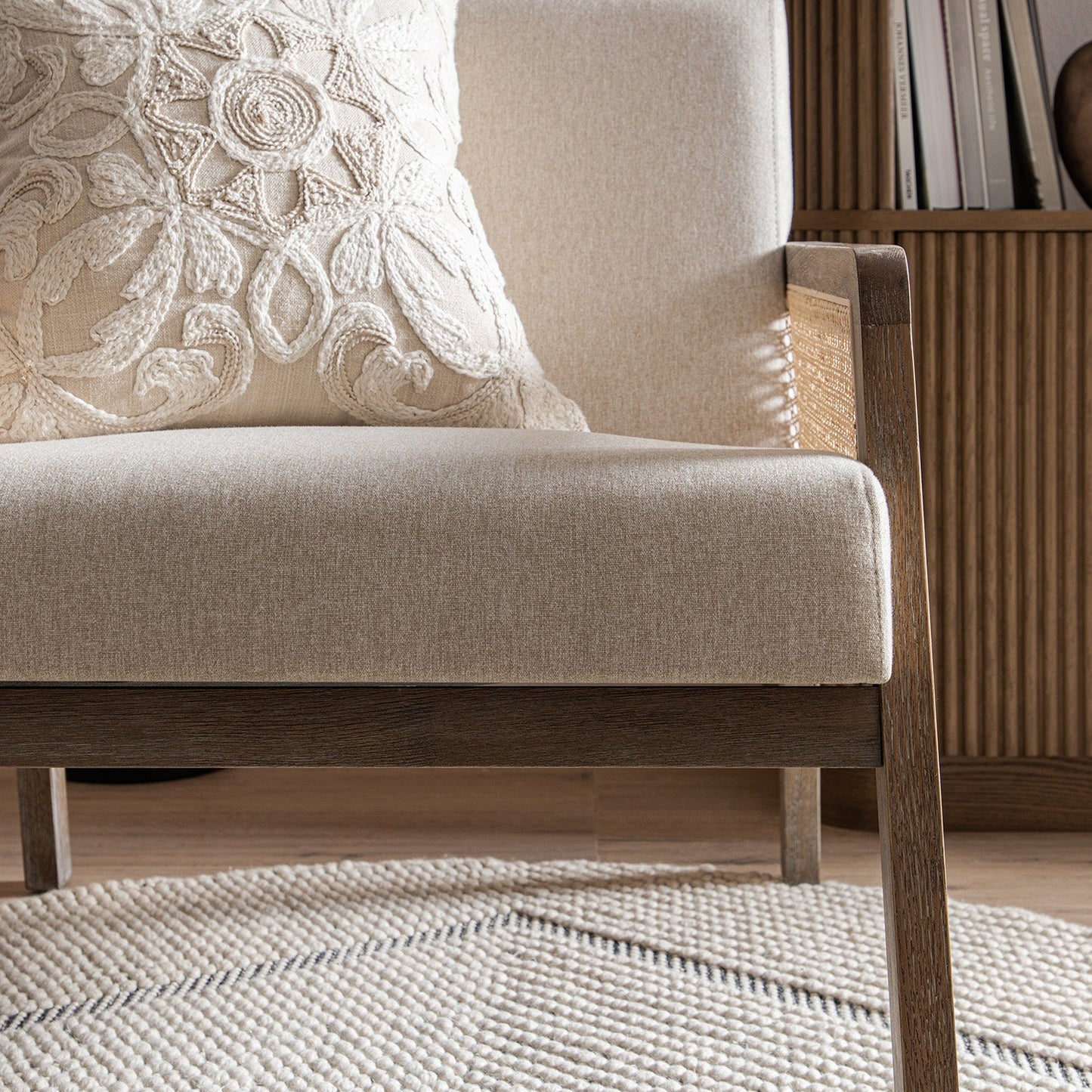 Fyne Oatmeal Fabric Weathered Oak Frame Rattan Armchair