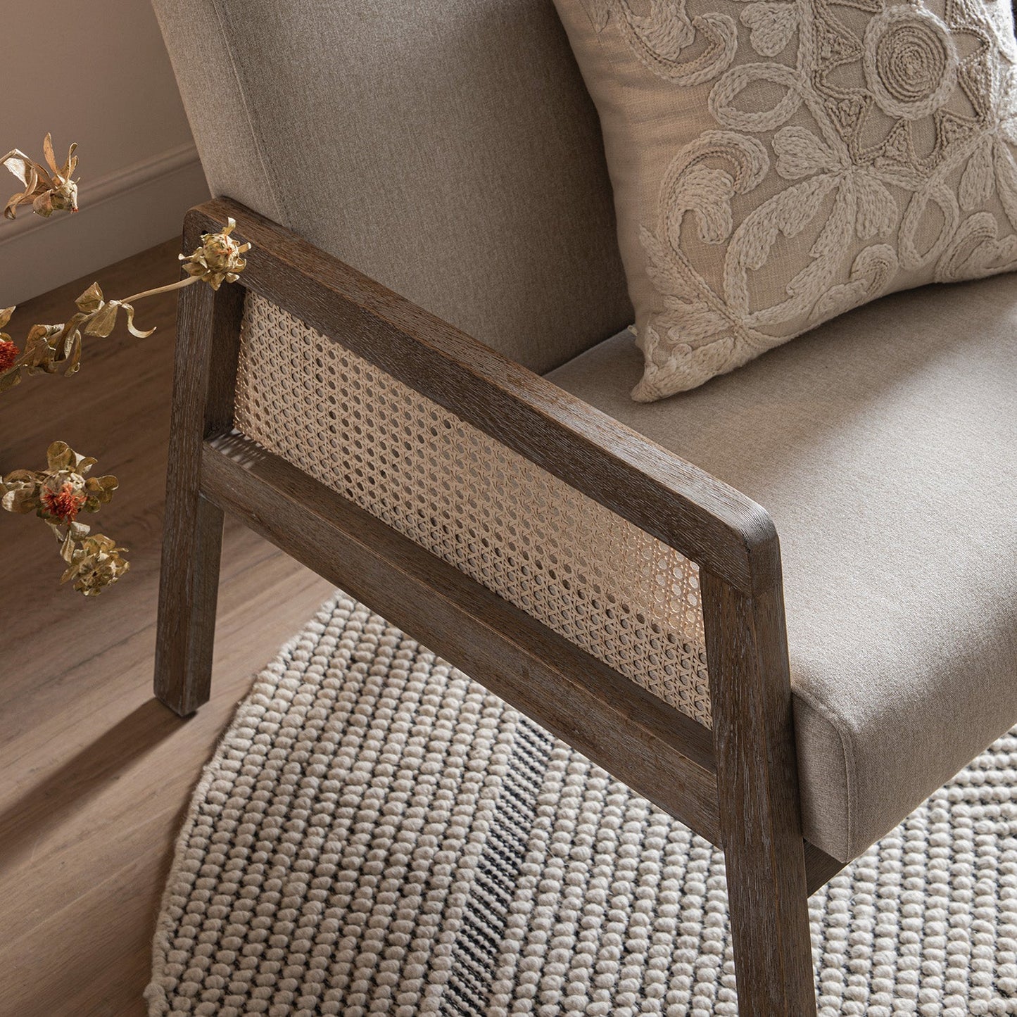 Fyne Oatmeal Fabric Weathered Oak Frame Rattan Armchair
