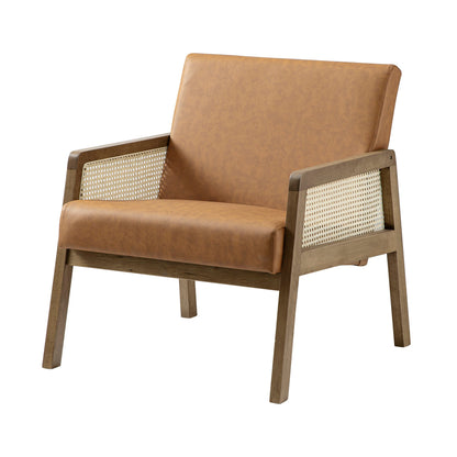 Fyne Tan Faux Leather Light Walnut Frame Rattan Armchair