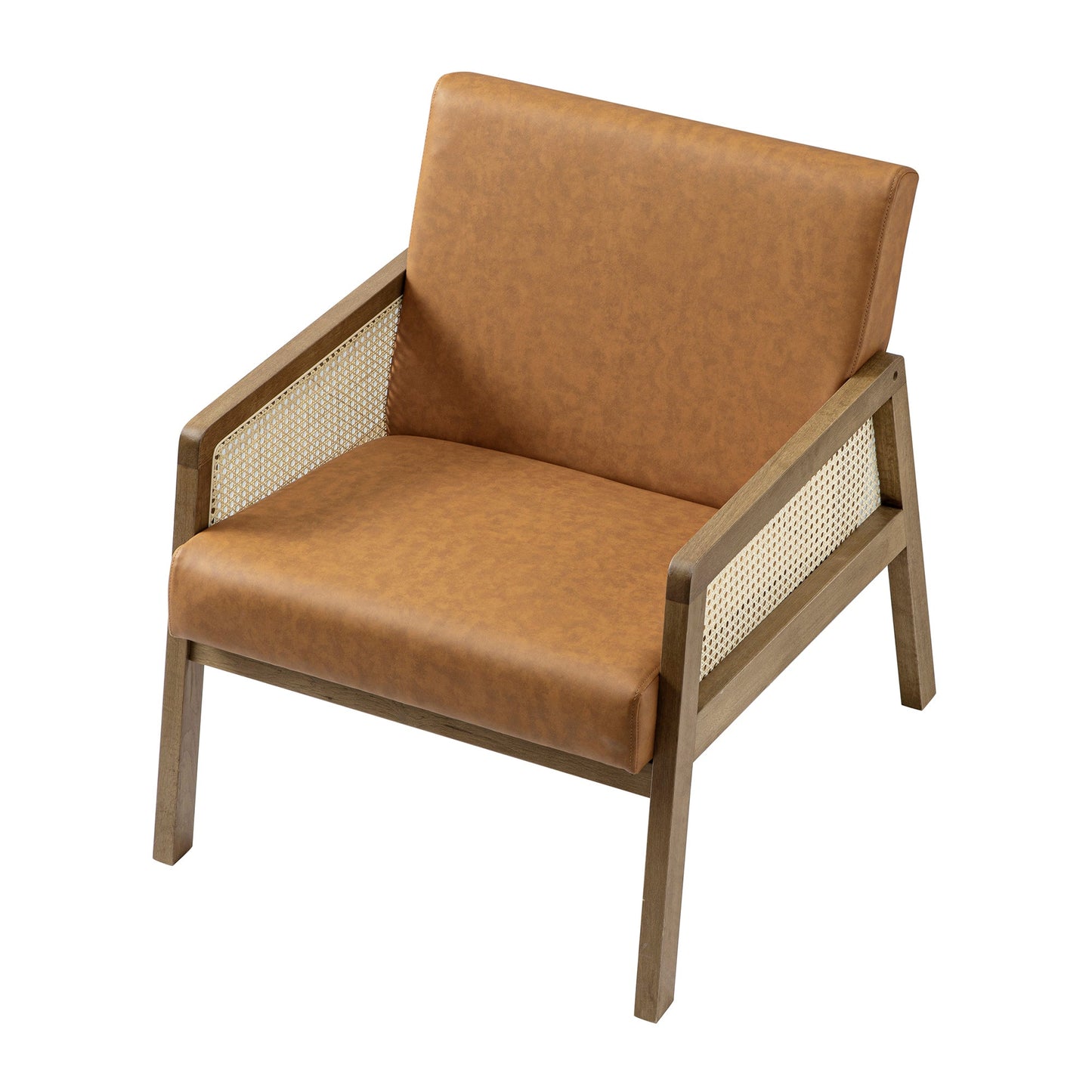 Fyne Tan Faux Leather Light Walnut Frame Rattan Armchair