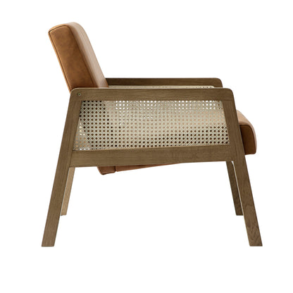 Fyne Tan Faux Leather Light Walnut Frame Rattan Armchair