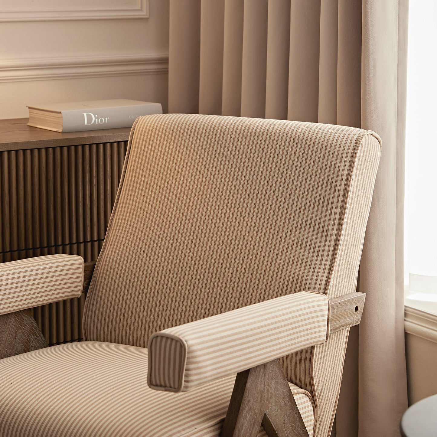 Chinnor Ochre Striped Linen Blend Weathered Oak Frame Accent Chair