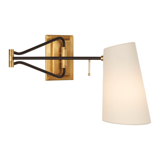 Keil Swing Arm Wall Light - Antique Brass & Black with Linen Shade
