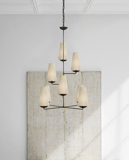 Fontaine Vertical Chandelier - Aged Iron with Linen Shades