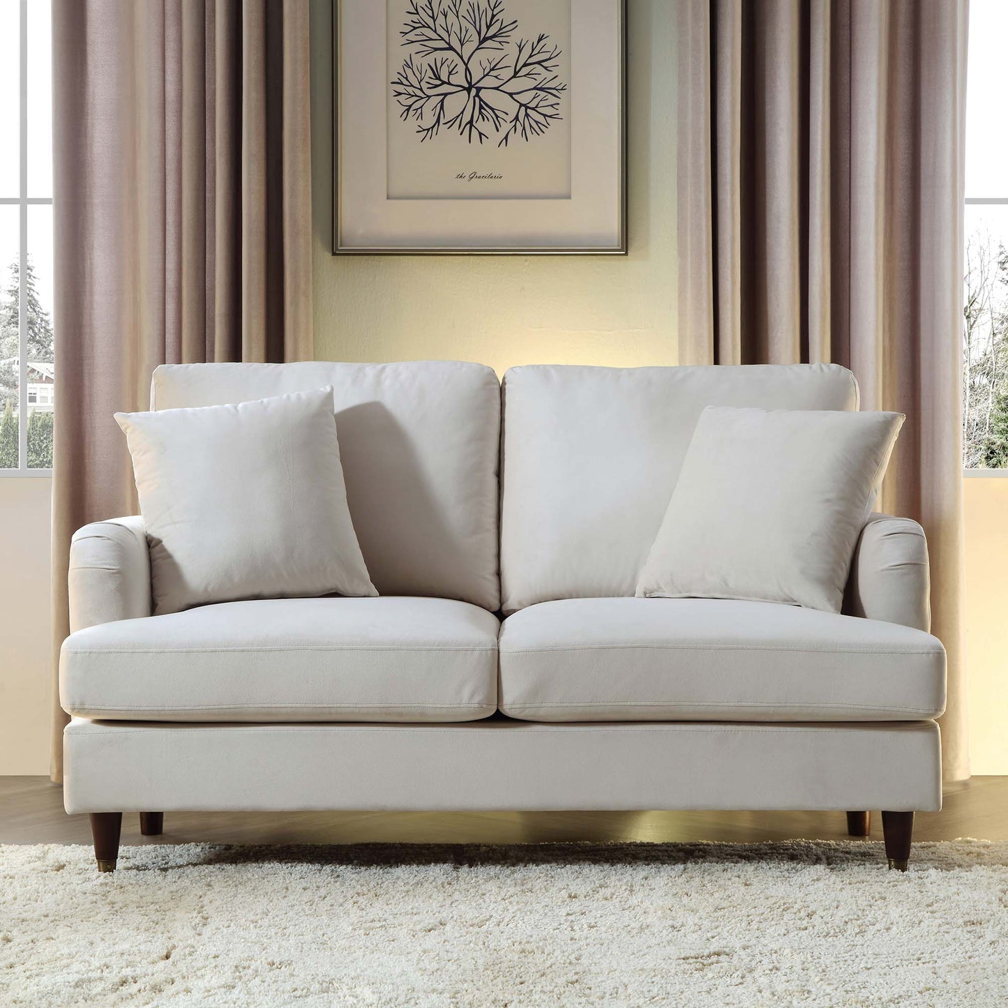 Brigette 2-Seater Beige Velvet Sofa with Antique Brass Castor Legs