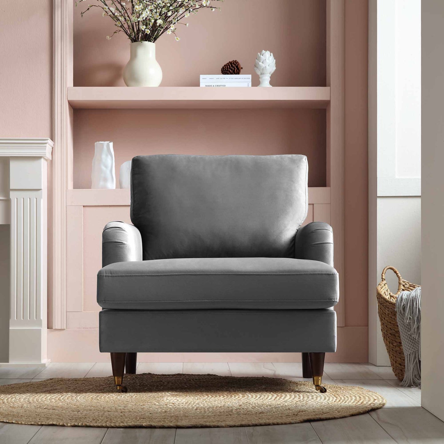 Brigette Grey Velvet Armchair with Antique Brass Castor Legs