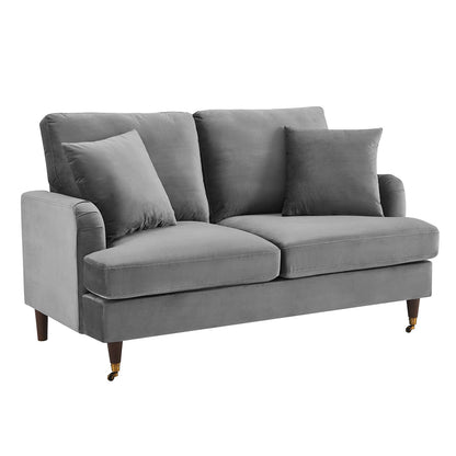 Brigette 2-Seater Grey Velvet Sofa with Antique Brass Castor Legs