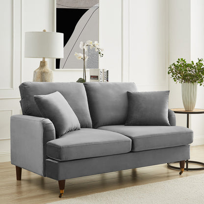 Brigette 2-Seater Grey Velvet Sofa with Antique Brass Castor Legs